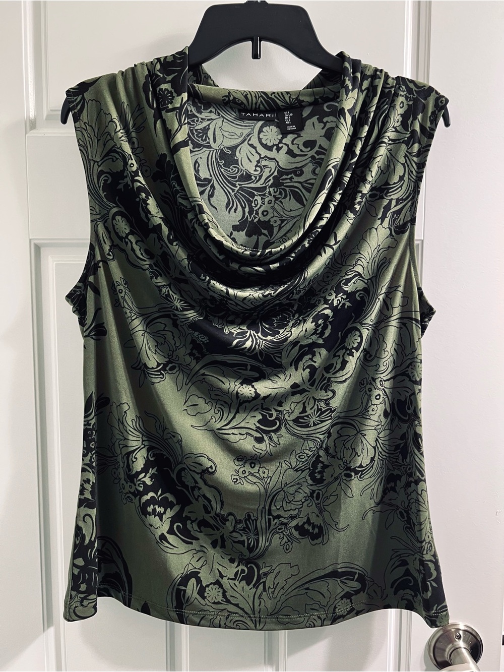 Tahari Olive Green and Black Draped Cowl Neck Sleeveless Top